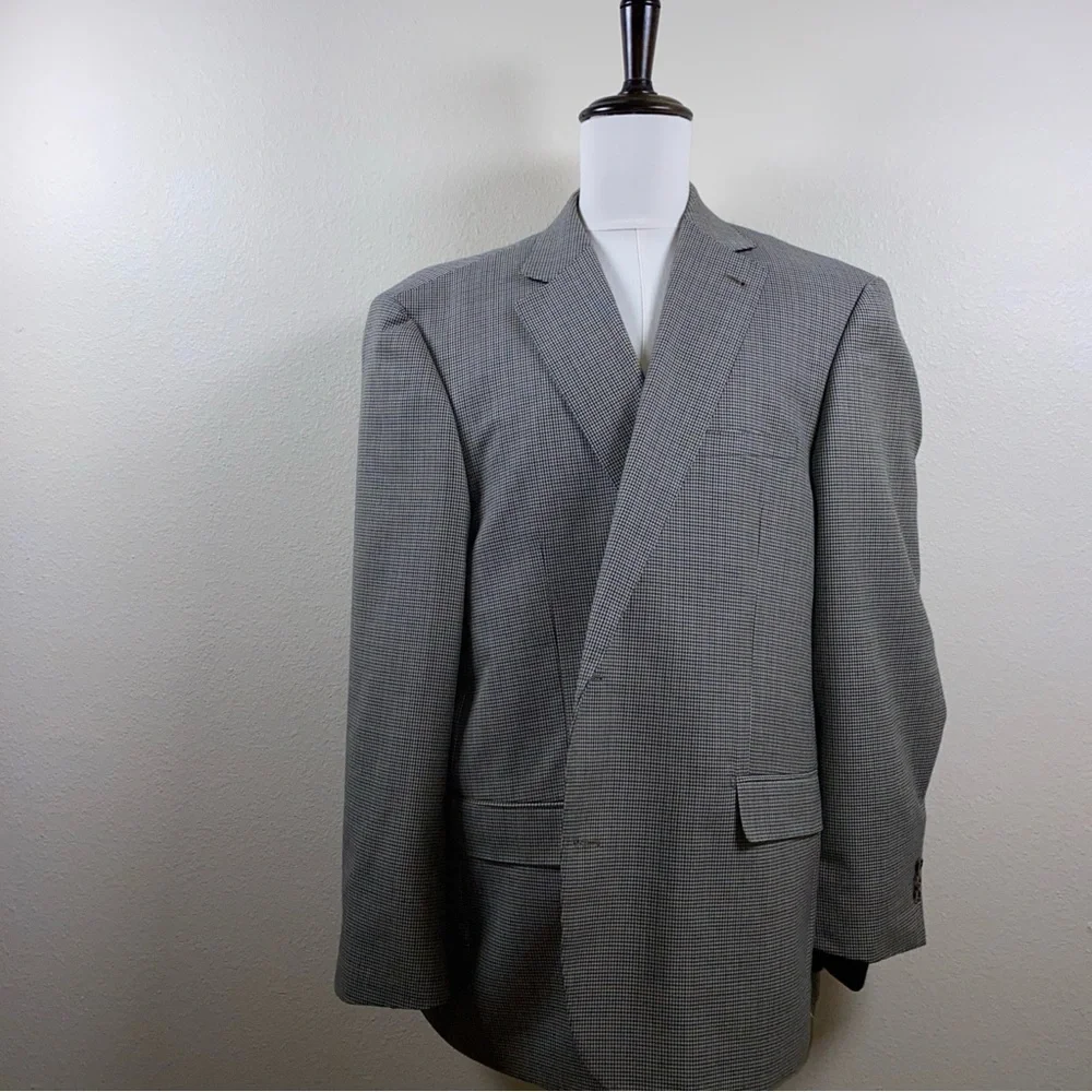 Oak Hill Men’s 2XL 50R 52R Beige Blue Houndstooth Poly‎ Blazer Sport coat